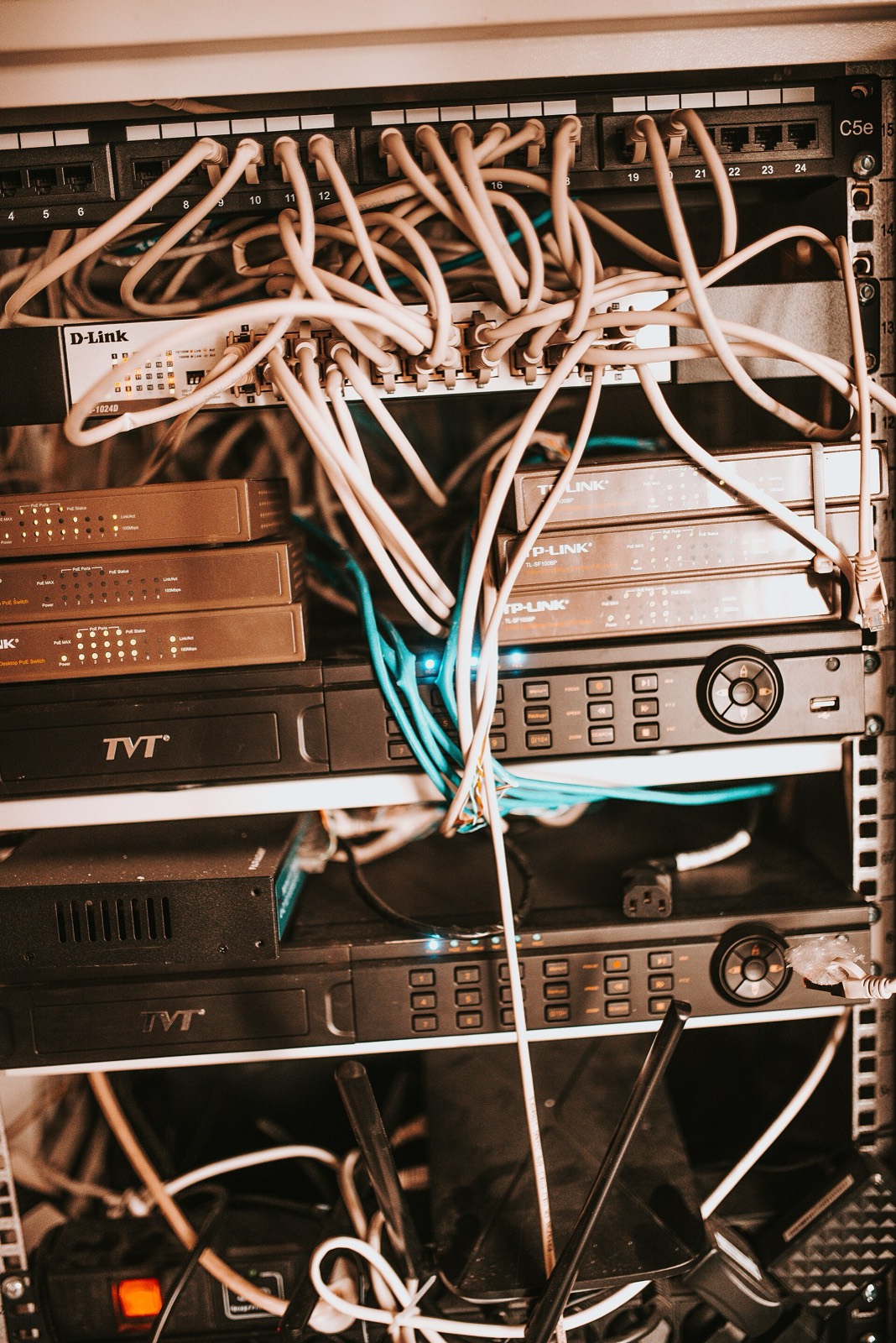 A working server rack with network equipment and cables